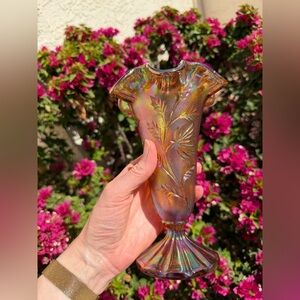 Fenton Amber Carnival Etched Glass Vase